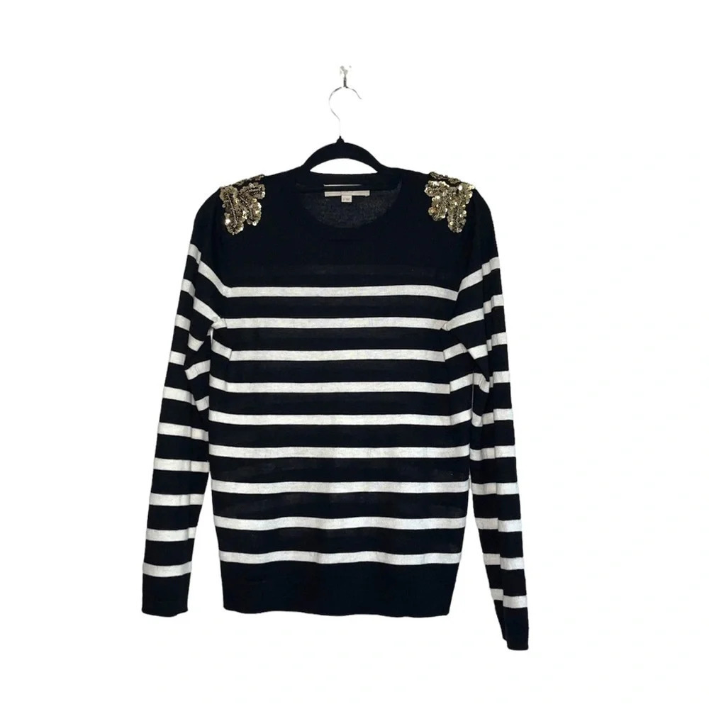 Ann Taylor LOFT Black & White Striped Sequin Shoulders Sweater Medium Women’s